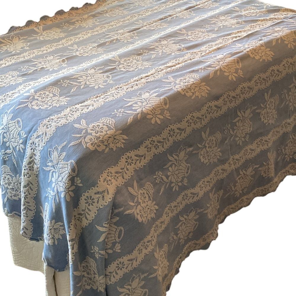 Cottagecore Tablecloth‎ 74x96" Cornflower Blue Cream Floral Basket Print